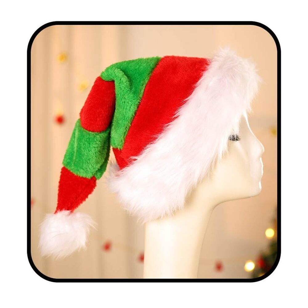 7601 Plush Santa Hat Christmas Hats Striped Xmas Holiday Hat for Adults